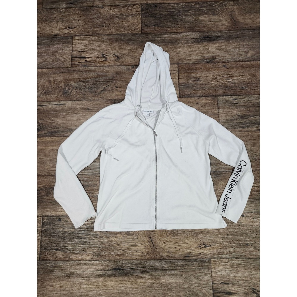 Calvin Klein Jeans Womens White Full Zip Knit Logo Sleeve Hoodie Sweater Large